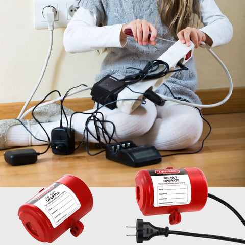 Two Pack Electrical Plug Lockout Kit For Lockout Tagout OSHA Compliant 110V And 220V Plug Locks With Two Safety Padlocks Simple Three Step Lockout For Home Shop Or Factory No Fuss System Included shown in use.