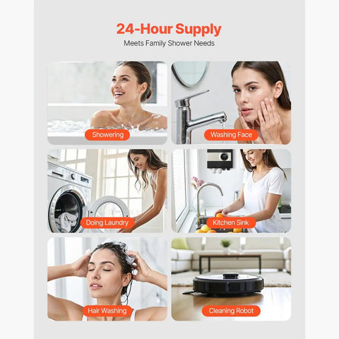Tankless Electric Water Heater Delivers Instant Hot Water Under Sink For Bathroom Cabinet Or Kitchen Counter featuring family-friendly showering and washing activities.
