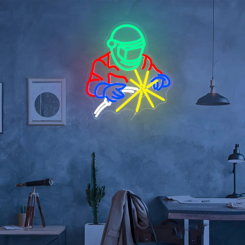 Neon Sign LED Light For Garage Wall Decor With Welding Helmet Design And Arc Spark Blue Gloves Glow Lit Bar Vibe Perfect Workshop Wall Art