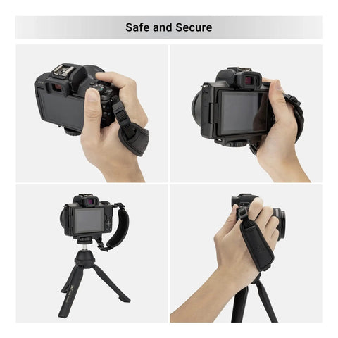 Hands holding cameras showing Universal Camera Hand Grip Strap For Canon EOS R8 R10 R7 R5 R6 And Rebel Series Sony A6700 Panasonic