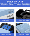 Complete Whetstone Knife Sharpening System With 1000 6000 Grit Wet Stone Sharpener Kit showing angle guides and non-slip base.