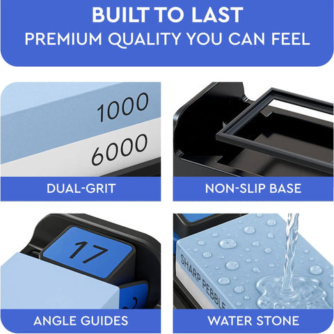Complete Whetstone Knife Sharpening System With 1000 6000 Grit Wet Stone Sharpener Kit showing angle guides and non-slip base.