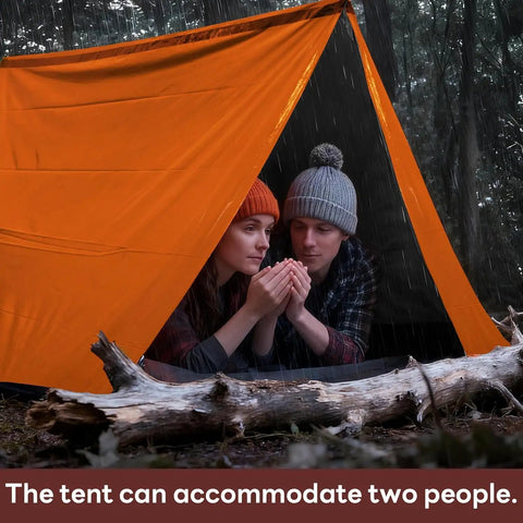 Two people inside Emergency Survival Tent Mylar Thermal Shelter for 1 or 2 people, orange color, in rainy forest setting.