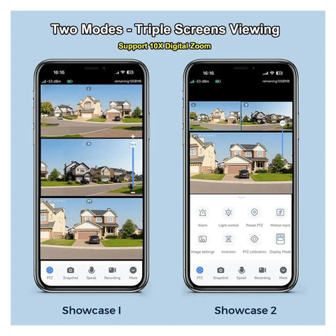 Kickass 4G Outdoor Security Camera With Triple Lens Setup And Smart Panoramic Tracking Solar Driven For Nonstop Yard Patrols No Wifi Bills Just Pop A Sim Card And Get It Done screen showing two modes with triple views.