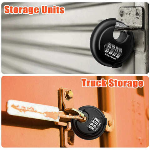 4 Digit Disc Padlock With Hardened Steel Shackle For Sheds Storage Units Gym Lockers And Fences No Frills Easy Set Tamper Resistant Weatherproof Durable Black 1 Pack attached to storage unit and truck storage door