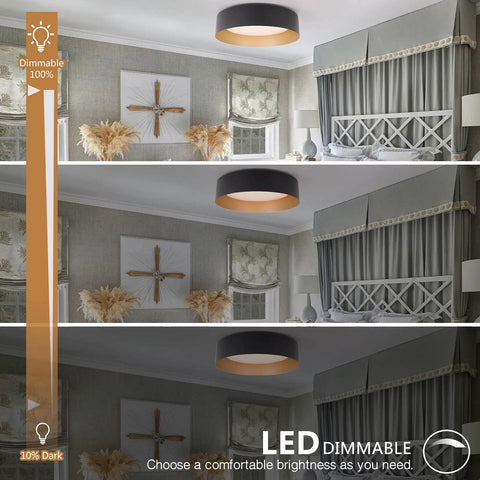 Matte Black Flush Mount Ceiling Light With Gold Interior 12.5 Inch LED Fixture 18W 100W Equivalent Dimmable in a bedroom setting
