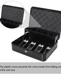 Locking Cash Box With Money Tray And Security Cable, Heavy Duty Metal Safe, open showing five compartments, size 11.8 in L x 9.5 in W x 3.5 in H