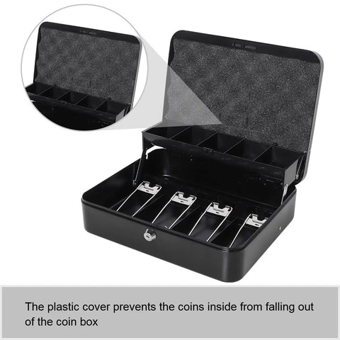 Locking Cash Box With Money Tray And Security Cable, Heavy Duty Metal Safe, open showing five compartments, size 11.8 in L x 9.5 in W x 3.5 in H