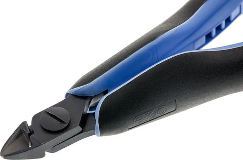 Flush Small Head Side Cutter with Ergonomic Micro Touch Handles, 5.33" length, close-up of jaw and handles for jewelry wire and cord cutting.