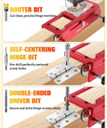 Shop Tough All In One Door Hinge Jig And Router Template Kit featuring heavy duty aluminum build and bullseye mortise alignment for stress free lock install plus boring set with router, self-centering hinge, and driver bits.
