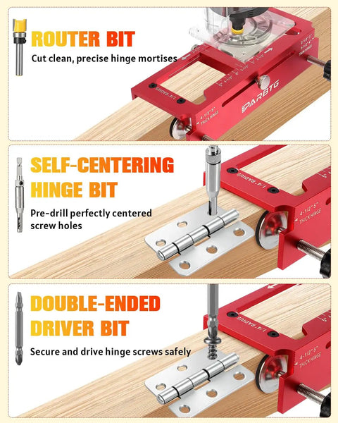 Shop Tough All In One Door Hinge Jig And Router Template Kit featuring heavy duty aluminum build and bullseye mortise alignment for stress free lock install plus boring set with router, self-centering hinge, and driver bits.