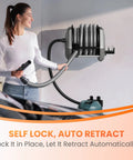 Woman using a wall-mounted retractable vacuum hose reel with 30ft hose extension, 1-1/4 inch, for 32mm wet dry vacuums in garage