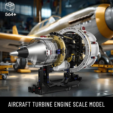 Aircraft Turbojet Engine Building Kit For Grownups, Hands On Functional Mechanical Jet Engine Model That Runs, Collectible Blocks Set For STEM Education, 564 Pieces, Realistic Turbine Details And Compatibility displayed in hangar setting