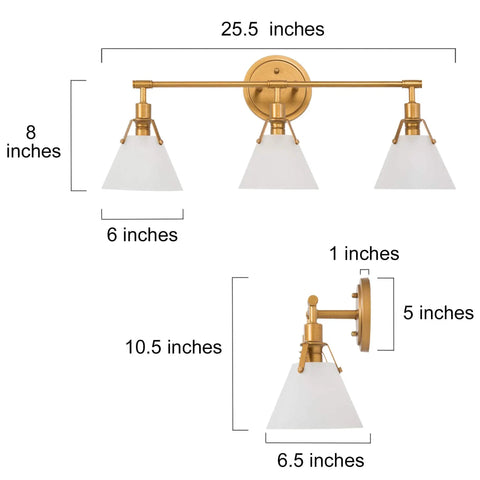 Three Light Gold Vanity Light Fixtures With White Frosted Glass Shades Over Mirror In Brushed Antique Gold Finish dimensions
