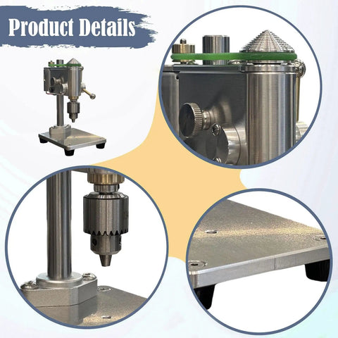 Compact Mini Drill Press For Benchtop Use Portable Clamp Holder showing detailed angles of aluminum build and universal chuck support.