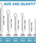 200 Piece Cotter Pin Hairpin R Clips Set In 304 Stainless Steel Assorted 13 Sizes For Hitch Pin Locks Trucks And Engine Repair Includes Hair Pin Clips For Durable Fastening shown with size and quantity chart.
