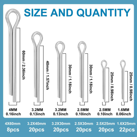 200 Piece Cotter Pin Hairpin R Clips Set In 304 Stainless Steel Assorted 13 Sizes For Hitch Pin Locks Trucks And Engine Repair Includes Hair Pin Clips For Durable Fastening shown with size and quantity chart.