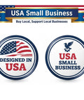USA Small Business banner and circular badges with 'Designed in USA' and 'USA Small Business' slogans, featuring American flag.