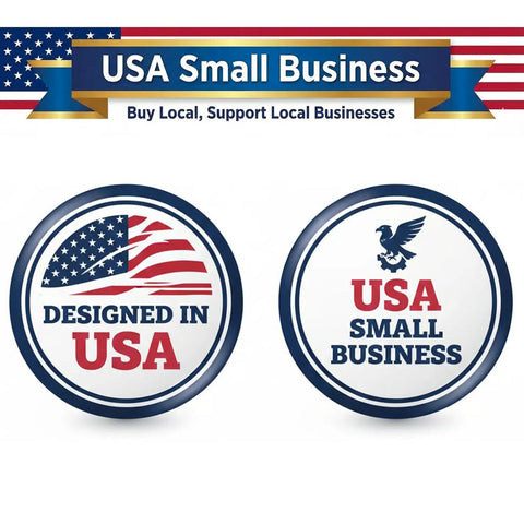 USA Small Business banner and circular badges with 'Designed in USA' and 'USA Small Business' slogans, featuring American flag.