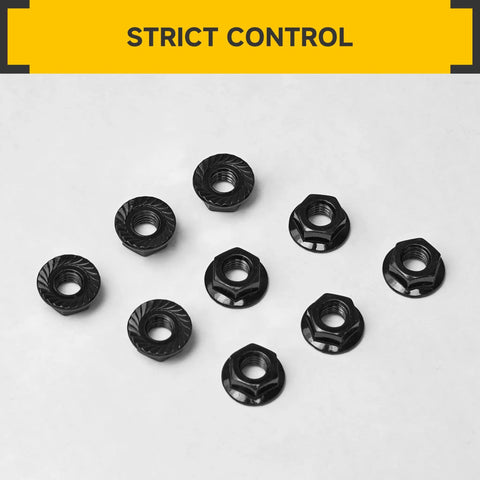 M8 Serrated Flange Hex Nuts 304 Stainless Steel 100 Pack With Hex Drive 13mm Flange Diameter 17.2mm Black Oxide Hardware Nuts 1.25mm Pitch Ideal For Auto And Home Improvement And DIY Projects And Repairs, black flange nuts on white background