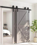 Hard Wearing Sliding Barn Door Track Hardware Kit For Tight Spaces Black Powder Coated 6mm Carbon Steel With Ultra Quiet Rollers And Bypass Option, Library Ladder Style, Fits Single Or Double Wooden Doors In Low Ceiling Areas.
