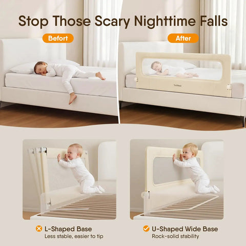 Before and after use of Foldable Toddler Bed Rail Guard With Reinforced Anchor Safety System For King Twin Full And Queen Beds Khaki 59 Inches Long By 21.6 Inches High With Kid Friendly Soft Peach Skin Fabric And Removable Washable Cover showing improved stability with U-Shaped Wide Base.