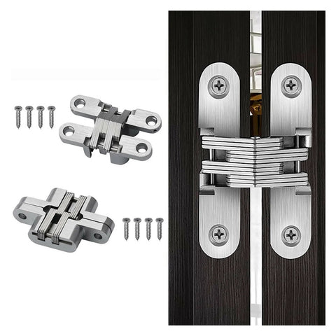 2 Pack 180 Degree Swing Door Hinges, Concealed Invisible Cross Hinges For Cabinets And Furniture, 16x70mm Natural Finish, Durable Easy Install, Reliable shown installed on door.