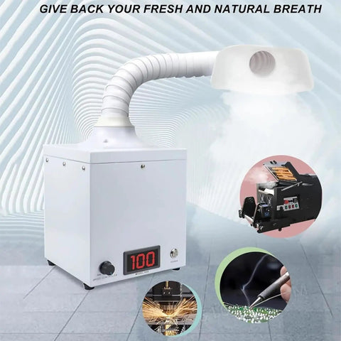 Heavy Duty Solder Fume Extractor With Adjustable Speed Knob And Three Stage Filtration Quiet Air Cleaner, compact design with flexible duct.