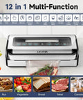Powerful Vacuum Sealer 12 In 1 With Dual Pump, Built In Cutter, shown with vegetable and meat storage options