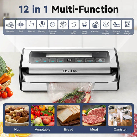 Powerful Vacuum Sealer 12 In 1 With Dual Pump, Built In Cutter, shown with vegetable and meat storage options
