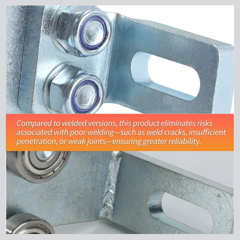 Close-up of Electric Hoist Trolley Assembly with 8 Wheel Rollers for Garage Hoist Systems, detailed view of metal frame and bearings.