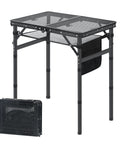 Small Folding Grill Table For Camping And Outdoor Cooking Portable BBQ Ready Picnic Stand With Three Height Settings shown folded and assembled.