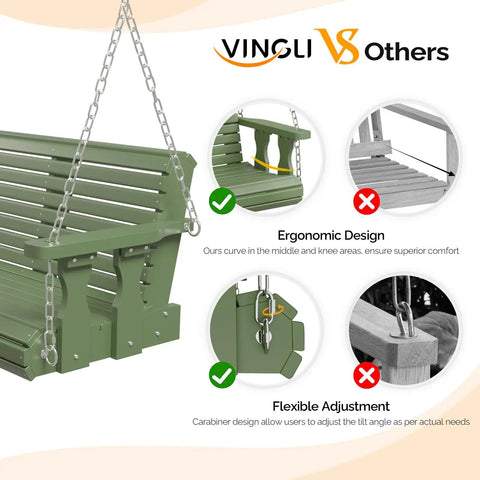 Upgraded Wooden Patio Swing Bench with Adjustable Chains for Outdoor Lounging and Hangout, heavy duty 880 lb capacity, 5 ft green swing chair.