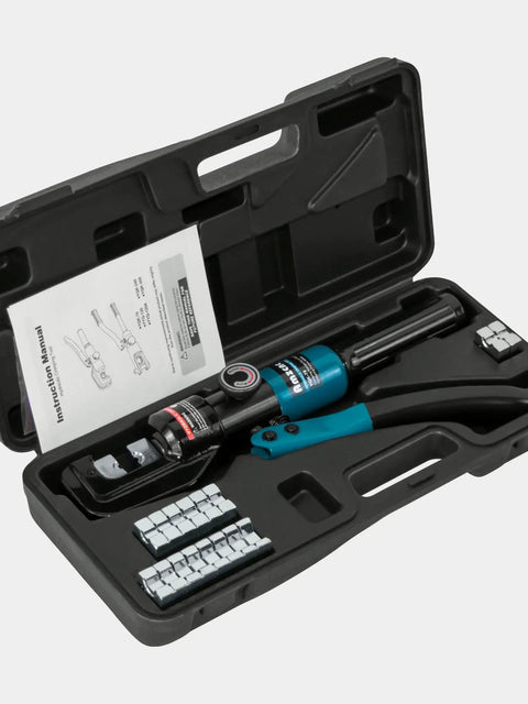 Heavy Duty 10 Ton Hydraulic Battery Cable Crimper With One Hand Operation, 9 Hex Die Set in carrying case with manual