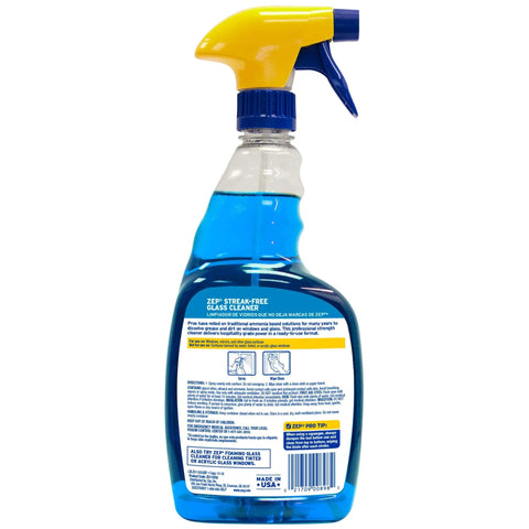 Back view of Streak Free Glass Cleaner With Ammonia Based Pro Grade Formula For Windows, Mirrors And All Glass Surfaces Cleans Dirt, Fingerprints, Grime, Smoke Haze, And Toothpaste Smear Case Of 12 32 Oz bottle with yellow and blue nozzle