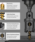16-Piece Carbide Hole Saw Kit For Metal And Stainless Steel close-up showing titanium pilot drill and safety features