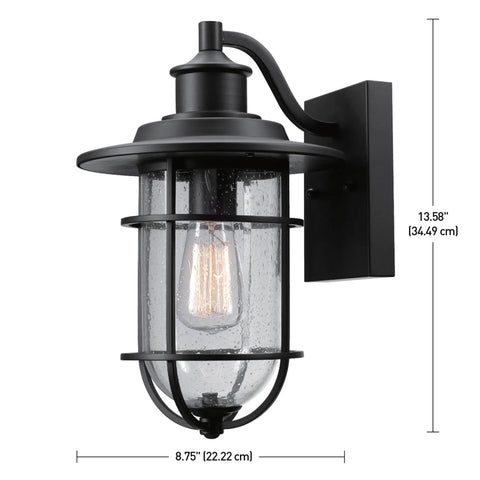 Outdoor Indoor Wall Sconce In Black Finish With Seeded Glass Shade, Coastal Modern Style, Weather Resistant, E26 Base