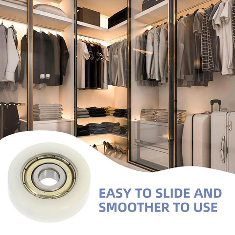 Rock Solid Replacement Sliding Door Wheels With Heavy Duty Nylon And Steel Build Ultra Quiet Zero Friction Caster Rollers in closet.