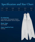 White non-vented freediving fins size 39-40 with full foot design and specifications chart in background for snorkeling and spearfishing.