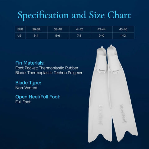 White non-vented freediving fins size 39-40 with full foot design and specifications chart in background for snorkeling and spearfishing.