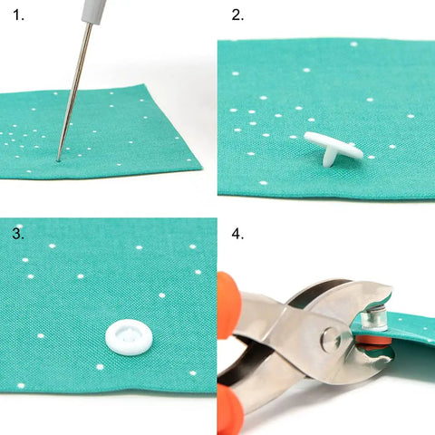 Round White Plastic Snaps Size 20 12 Count Set With Decorative Cap Socket Stud And Round Cap Easy To Attach With Snap Pliers Machine Washable Durable Fasteners For Garments And Accessories in use.