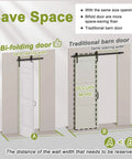 Illustration comparing space-saving bifold door and traditional barn door with measurements for wall width requirements.