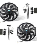 Built Tough 12 Inch Black Universal Electric Radiator Fan Set Featuring Push Pull Design Plus Complete Mounting Kit displayed with fans and mounting accessories.