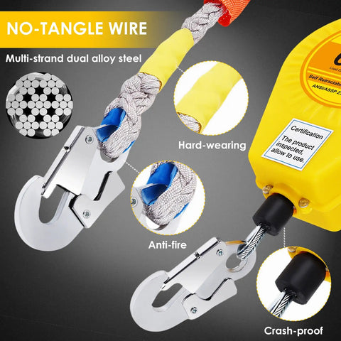 Heavy Duty Self Retracting Fall Arrestor With Solid 17 Foot SRL Rope And Double Locking Steel Housing For Roofing Crews Looking For Legit Safety Gear That Handles The Daily Grind Smooth showing steel hooks and multi-strand rope design.