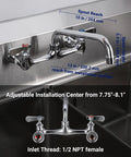 Sepaitek 8" Center Wall Mount Commercial Kitchen Sink Faucet with 10" Spout showing adjustable installation details.