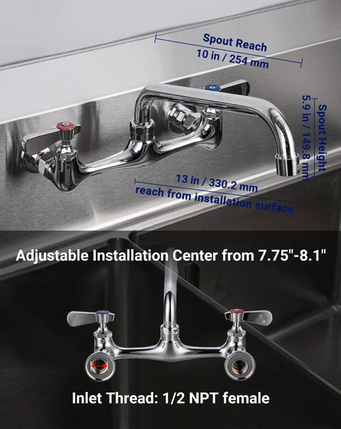 Sepaitek 8" Center Wall Mount Commercial Kitchen Sink Faucet with 10" Spout showing adjustable installation details.