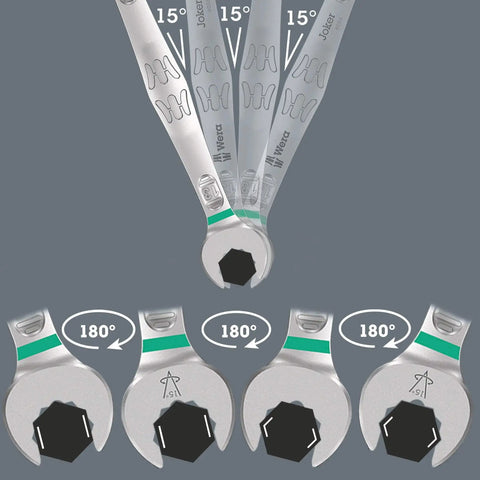 Joker 8 Imperial Set 8 Piece SAE Combination Wrench Set With Slim Mouth showing 15° angle and 180° mobility.