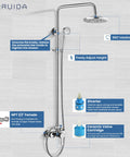 Exposed Shower System With 8 Inch Rainfall Head And Handheld Spray Single Handle Wall Mount Faucet Set Solid Brass Dual Function Exposed Pipe Fixture For Bathroom Dope Chrome Finish showcasing height adjustment and diverter features.