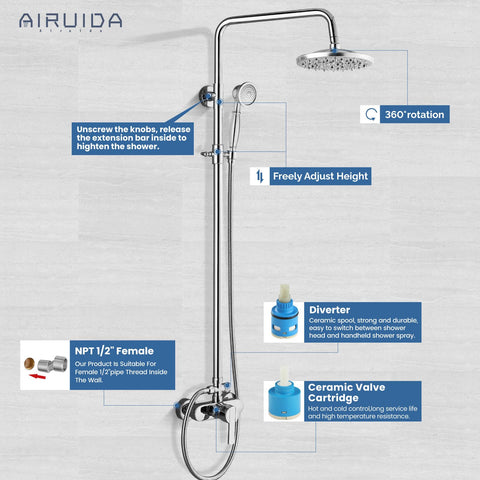Exposed Shower System With 8 Inch Rainfall Head And Handheld Spray Single Handle Wall Mount Faucet Set Solid Brass Dual Function Exposed Pipe Fixture For Bathroom Dope Chrome Finish showcasing height adjustment and diverter features.