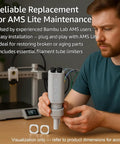 Man assembling AMS Lite Filament Hub Five Way Switch Kit For A1 And A1 Mini 3D Printers With Low Friction PTFE Adapter.